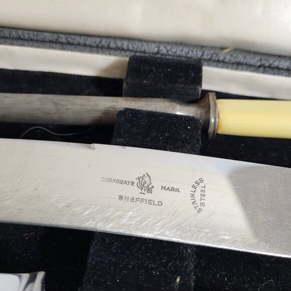 Antique 3 Pc Carving Set Box Celluloid Handles Sheffield corporate mark - Picture 5 of 9